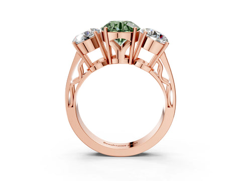 Rose gold Fancy Green Round Cut Diamond Three-Stone Ring with Prong Setting and Textured Band_3