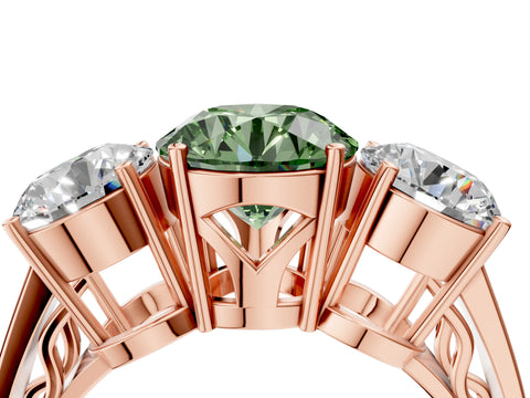 Rose gold Fancy Green Round Cut Diamond Three-Stone Ring with Prong Setting and Textured Band_4