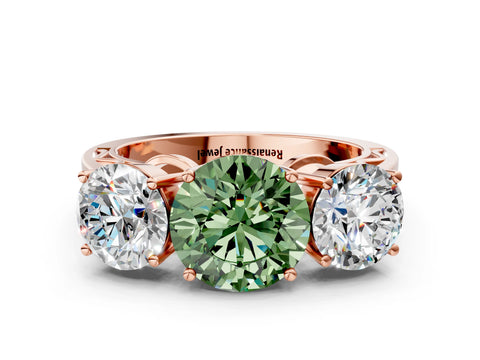 Rose gold Fancy Green Round Cut Diamond Three-Stone Ring with Prong Setting and Textured Band