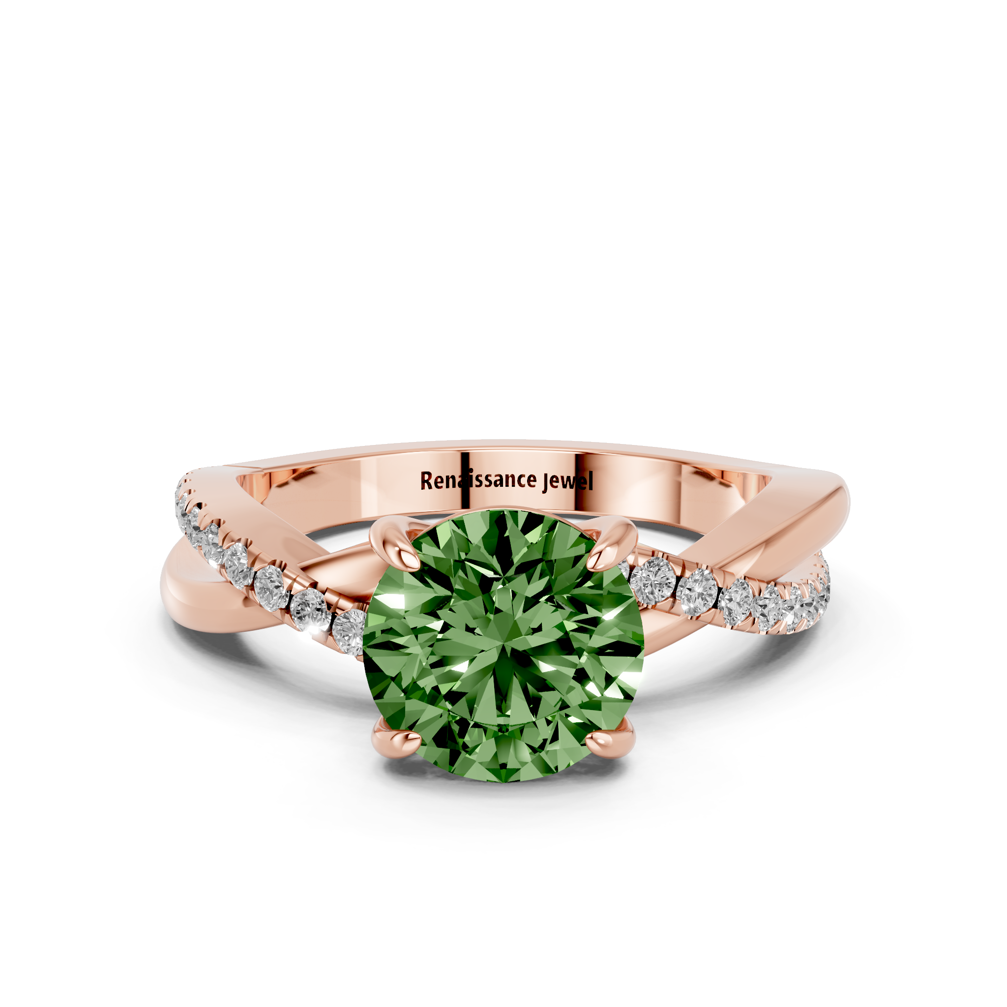 Rose gold Fancy Green Round  Cut Diamond Twist Band Solitaire with Prong Setting_11