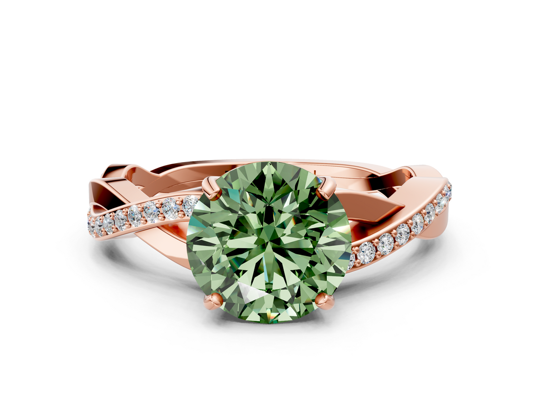 Rose gold Fancy Green Round  Cut Diamond Twisted Band Engagement Ring with Prong Setting_3