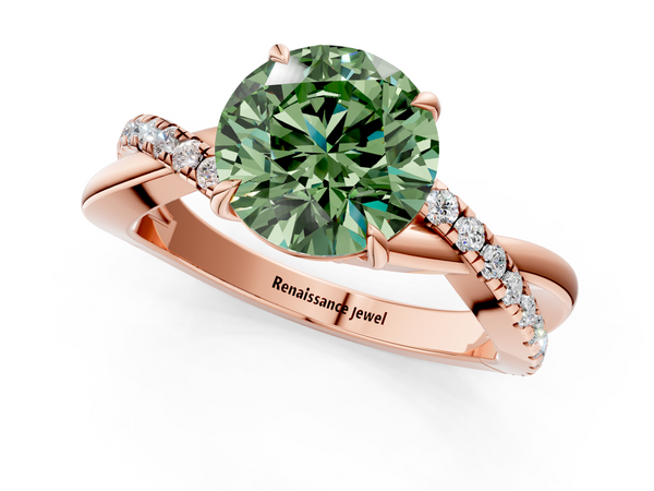 Rose gold Fancy Green Round  Cut Diamond Twisted Band with Pavé Setting and Four-Prong Setting