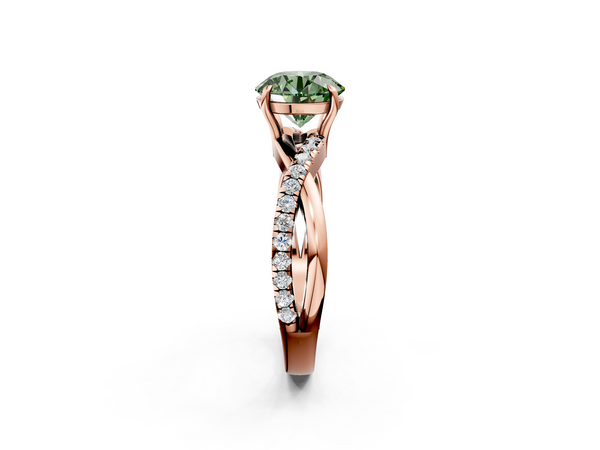 Rose gold Fancy Green Round  Cut Diamond Twisted Band with Pavé Setting and Four-Prong Setting
