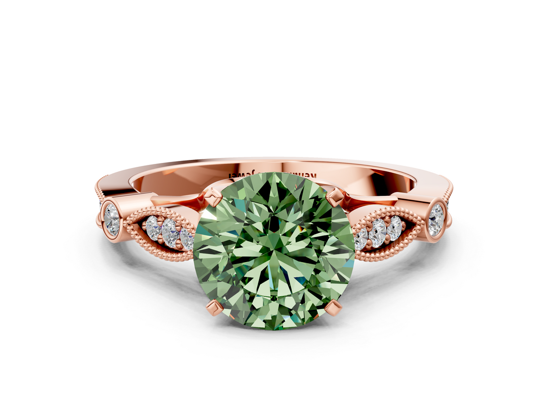 Rose gold Fancy Green Round  Cut Diamond with Milgrain Marquise and Bezel Accents on a Solitaire Band with Prong Setting_172
