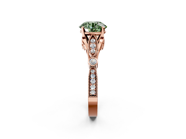 Rose gold Fancy Green Round  Cut Diamond with Milgrain Marquise and Bezel Accents on a Solitaire Band with Prong Setting