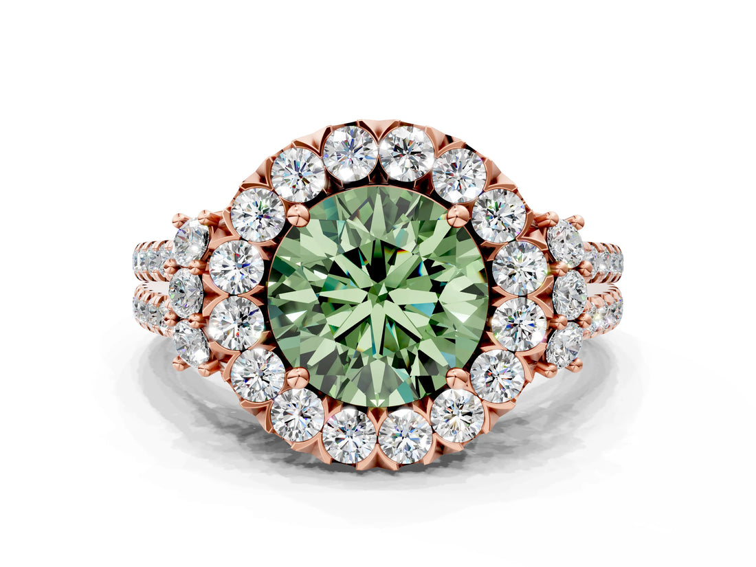 Rose gold Fancy Green Round  Cut Double Halo Diamond Engagement Ring with Pave Band and Four-Prong Setting_43