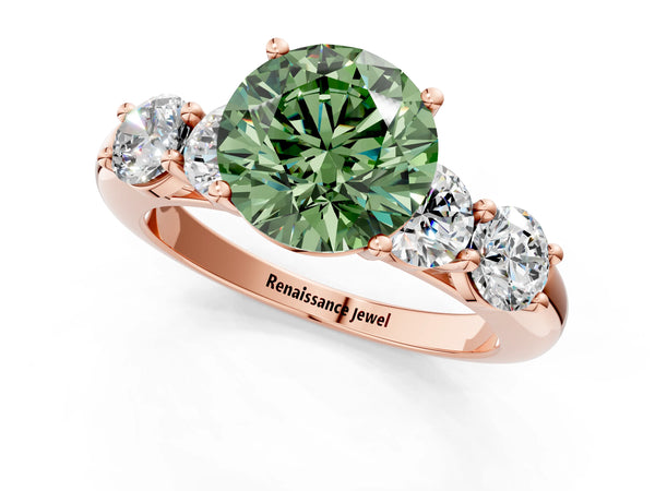 Rose gold Fancy Green Round  Cut Five-Stone Prong Set Diamond Ring with Classic Band