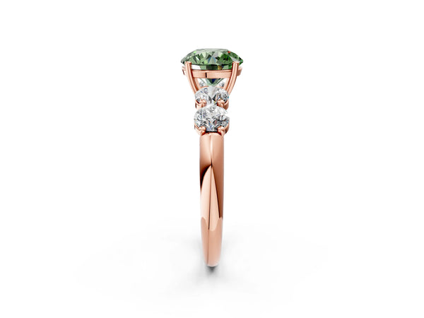 Rose gold Fancy Green Round  Cut Five-Stone Prong Set Diamond Ring with Classic Band