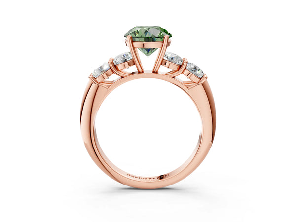 Rose gold Fancy Green Round  Cut Five-Stone Prong Set Diamond Ring with Classic Band