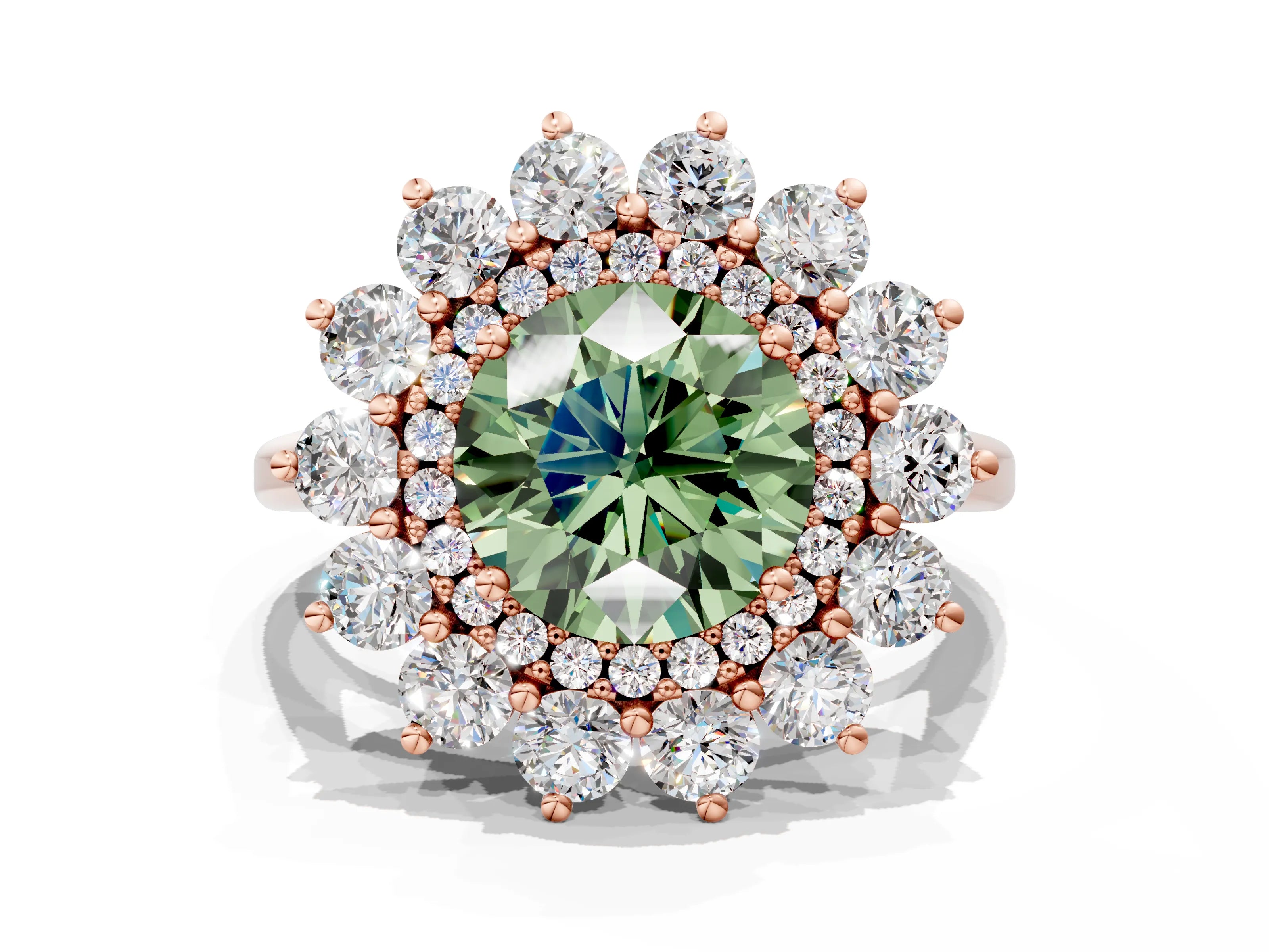 Rose gold Fancy Green Round Cut Halo Cluster Diamond Ring with Pave Band and Four-Prong Setting
