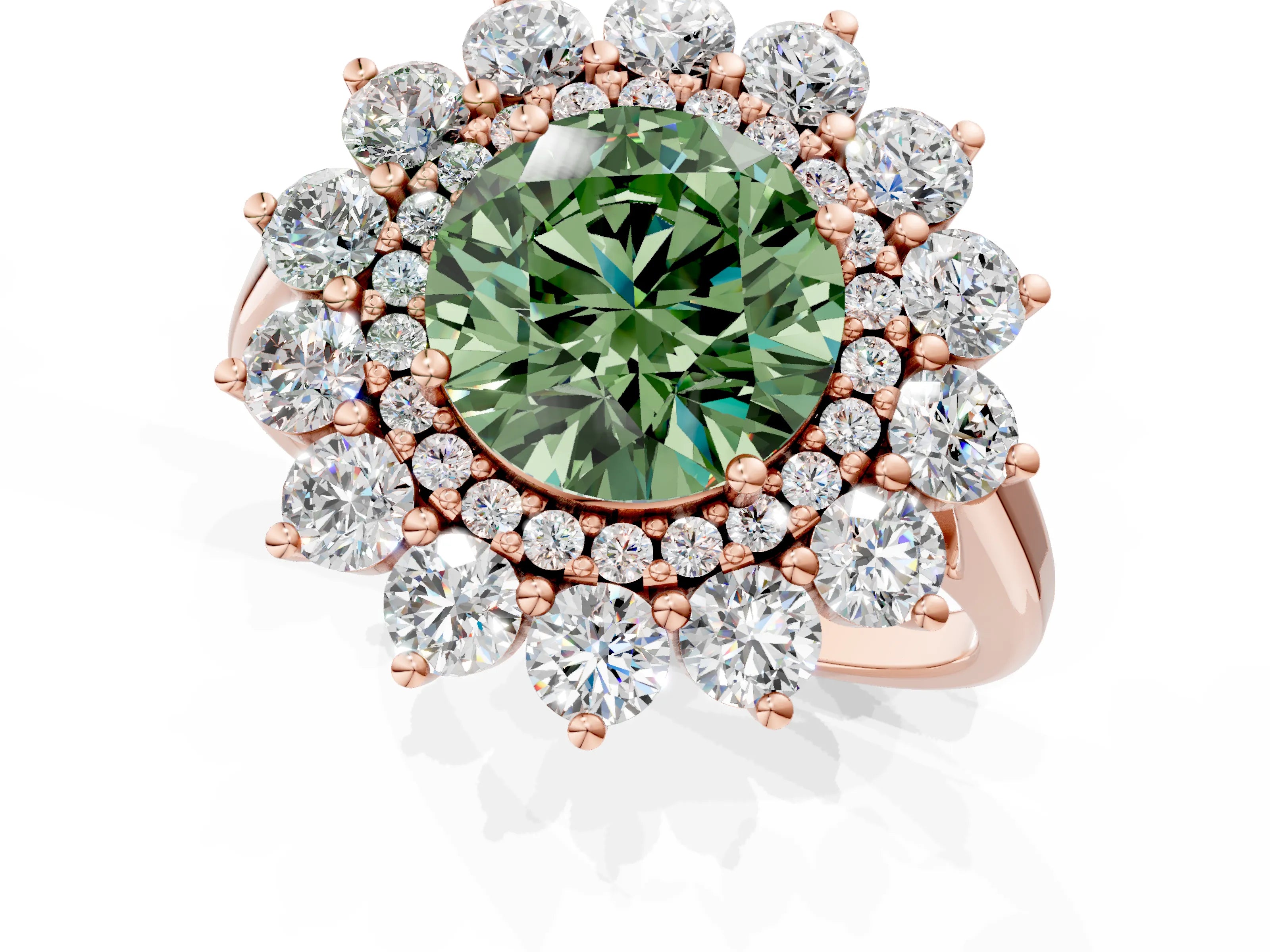 Rose gold Fancy Green Round Cut Halo Cluster Diamond Ring with Pave Band and Four-Prong Setting_1