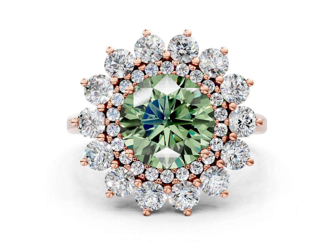 Rose gold Fancy Green Round Cut Halo Cluster Diamond Ring with Pave Band and Four-Prong Setting_12