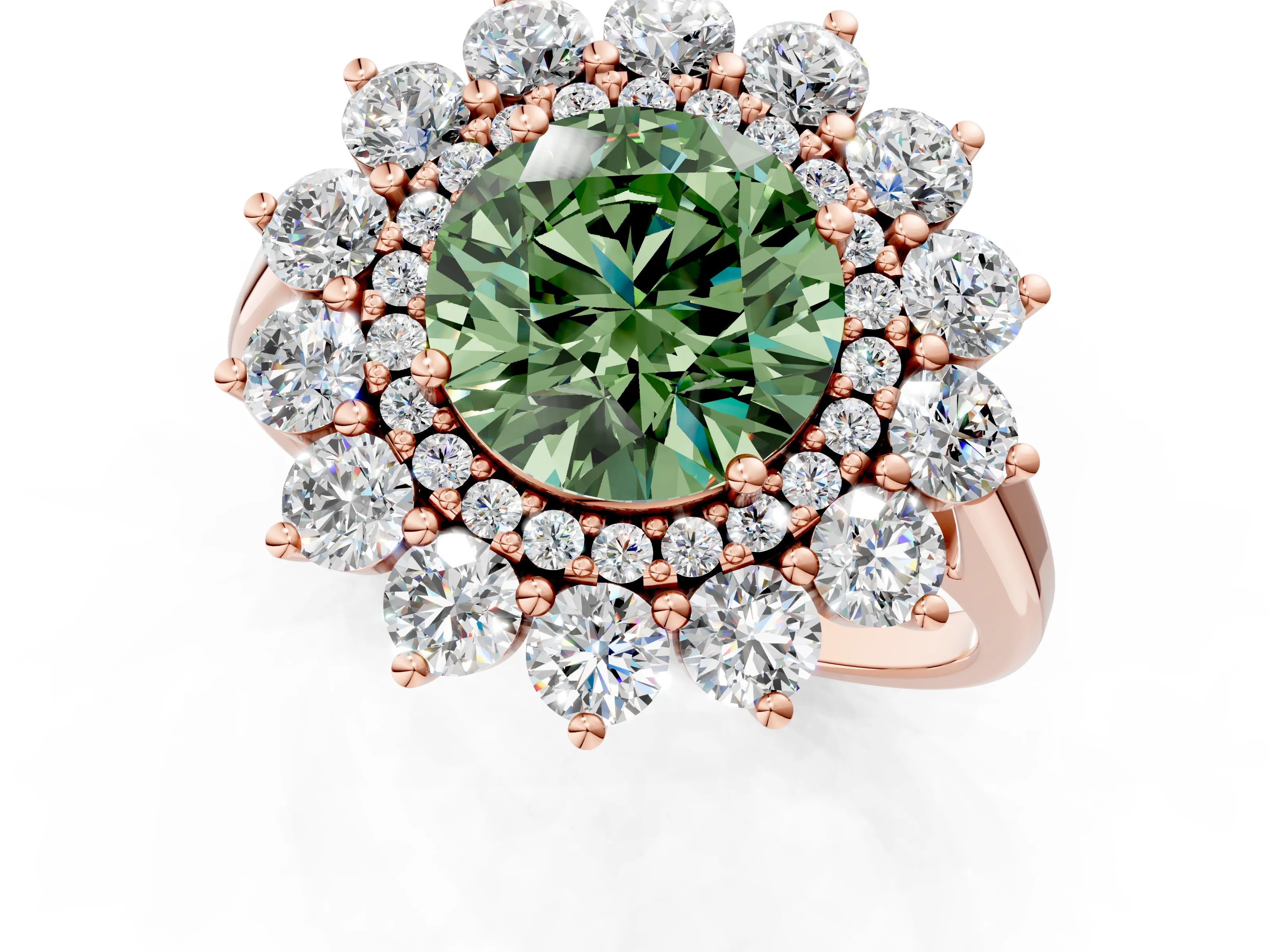 Rose gold Fancy Green Round Cut Halo Cluster Diamond Ring with Pave Band and Four-Prong Setting_13