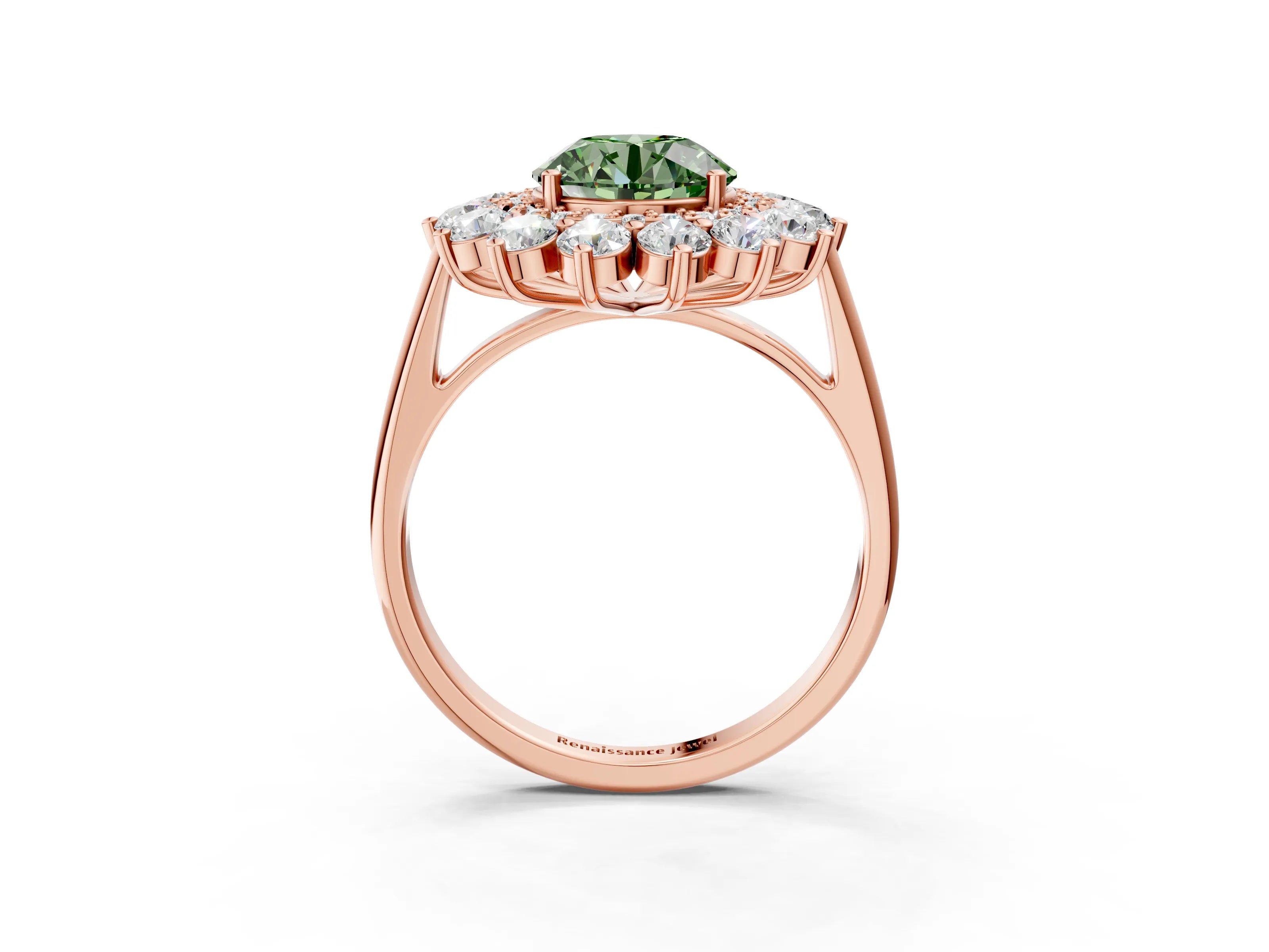 Rose gold Fancy Green Round Cut Halo Cluster Diamond Ring with Pave Band and Four-Prong Setting_15