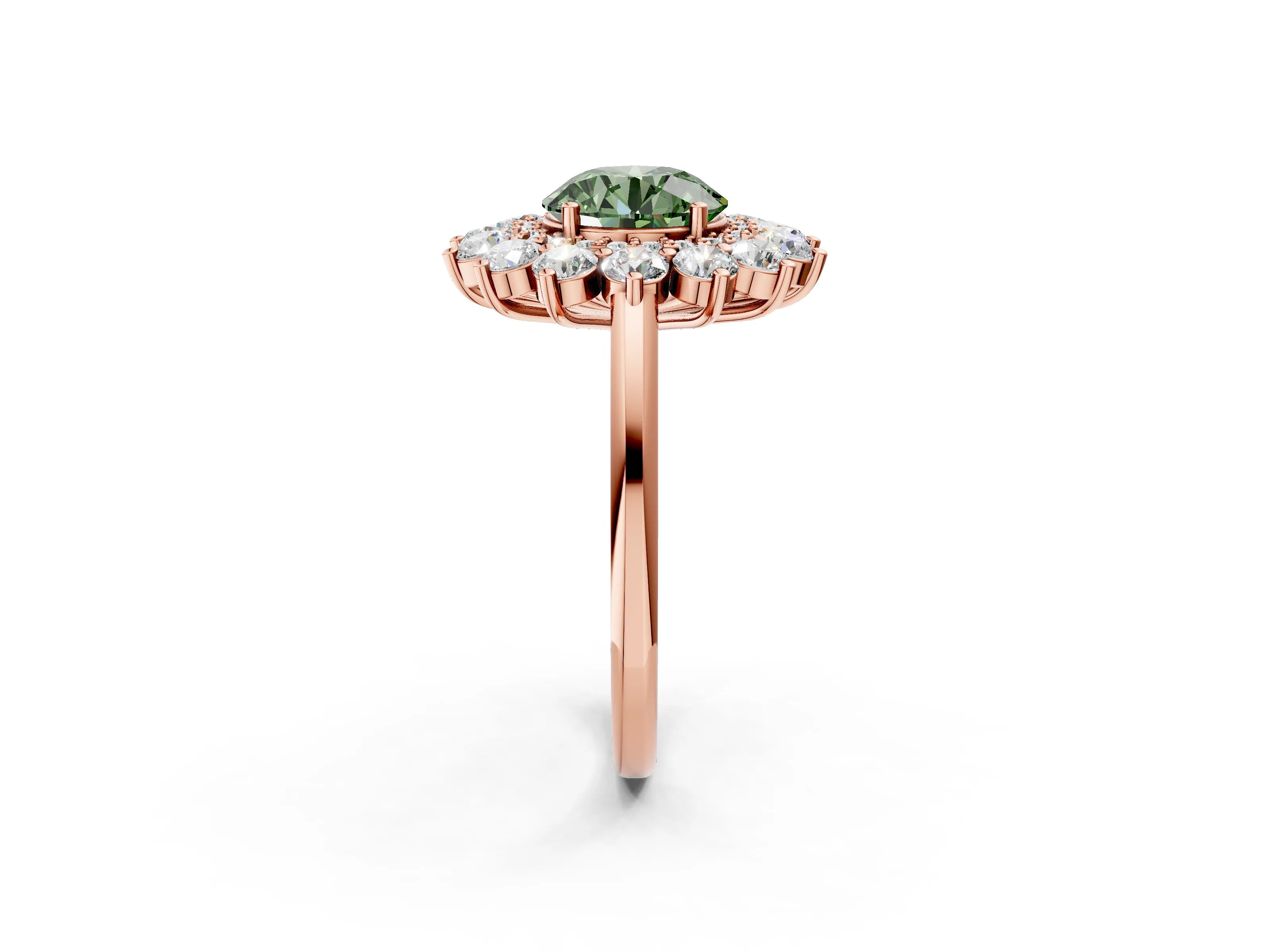 Rose gold Fancy Green Round Cut Halo Cluster Diamond Ring with Pave Band and Four-Prong Setting_2