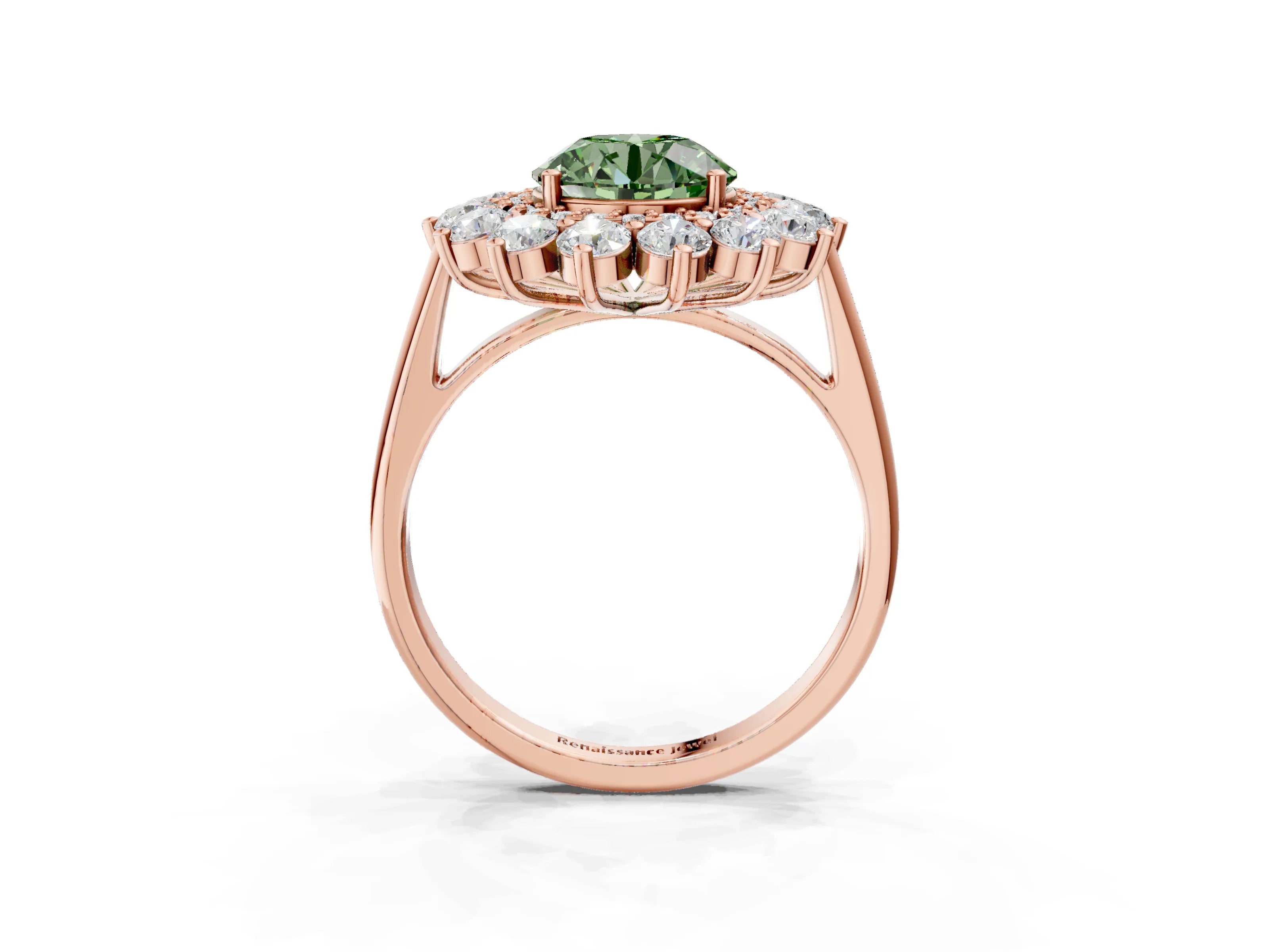 Rose gold Fancy Green Round Cut Halo Cluster Diamond Ring with Pave Band and Four-Prong Setting_3