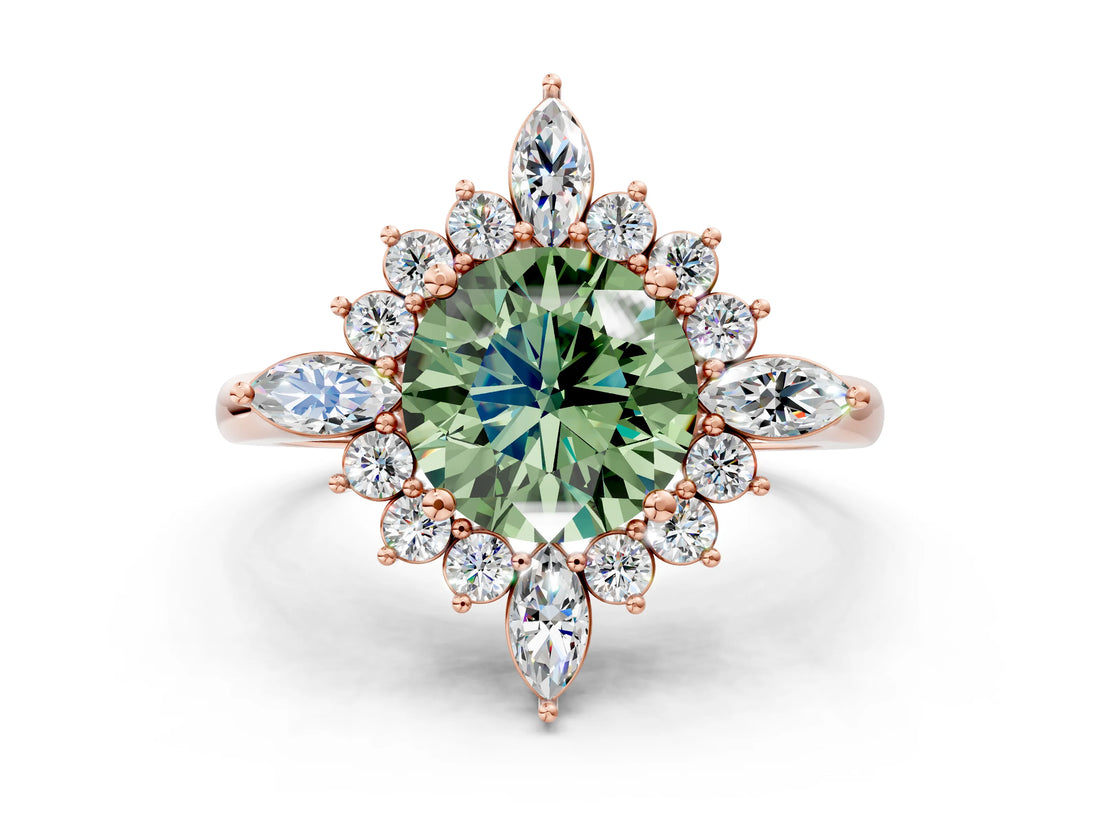 Rose gold Fancy Green Round Cut Halo Diamond Cluster Ring with Marquise and Round Stones on a White Gold Band with Prong Setting