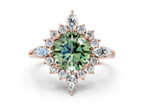 Rose gold Fancy Green Round Cut Halo Diamond Cluster Ring with Marquise and Round Stones on a White Gold Band with Prong Setting