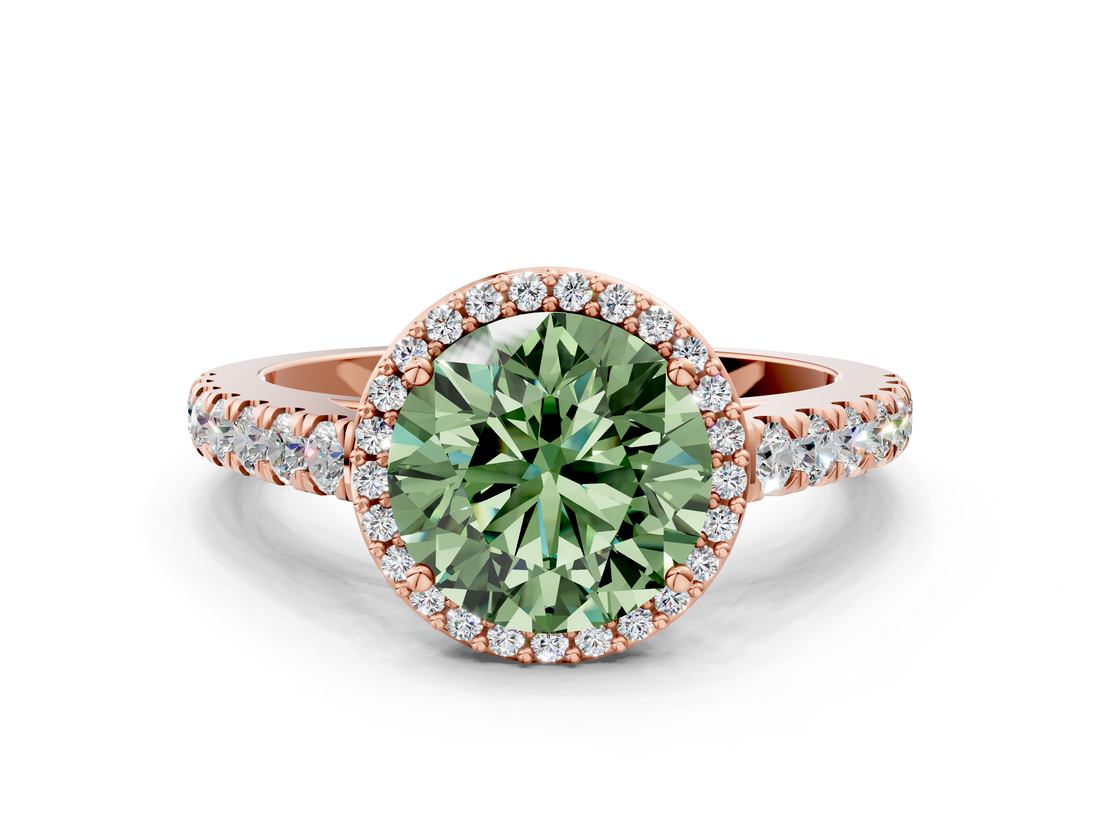 Rose gold Fancy Green Round  Cut Halo Diamond Engagement Ring with Pave Band and Four-Prong Setting_28