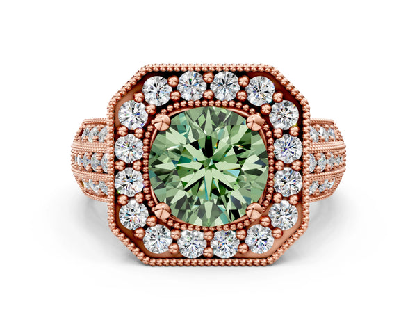 Rose gold Fancy Green Round Cut Halo Diamond Engagement Ring with Pave Split Shank and Four-Prong Setting