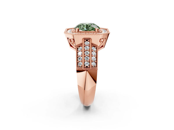 Rose gold Fancy Green Round Cut Halo Diamond Engagement Ring with Pave Split Shank and Four-Prong Setting