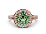 Rose gold Fancy Green Round Cut Halo Diamond Engagement Ring with Split Shank Band and Four-Prong Setting