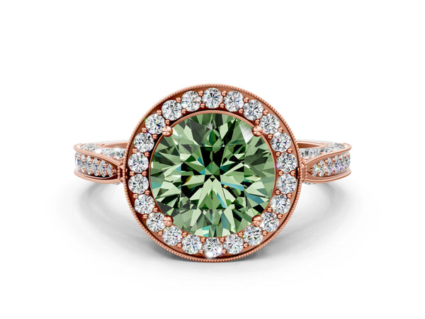 Rose gold Fancy Green Round Cut Halo Diamond Engagement Ring with Split Shank Band and Four-Prong Setting