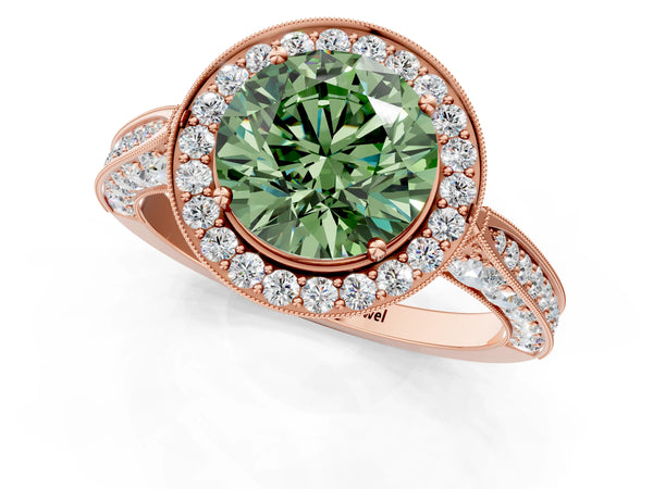 Rose gold Fancy Green Round Cut Halo Diamond Engagement Ring with Split Shank Band and Four-Prong Setting