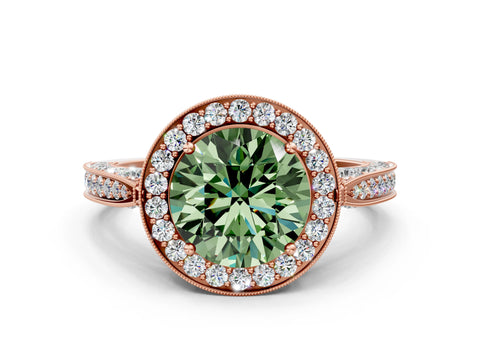 Rose gold Fancy Green Round Cut Halo Diamond Engagement Ring with Split Shank Band and Four-Prong Setting