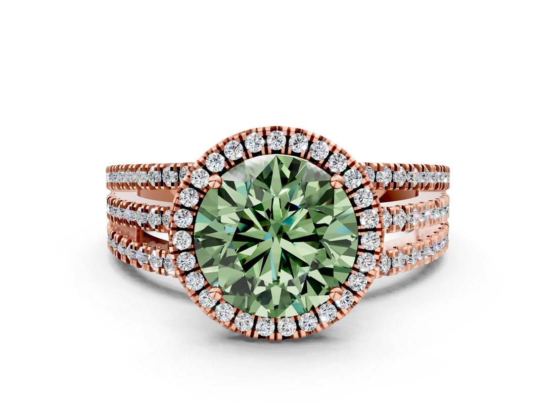 Rose gold Fancy Green Round  Cut Halo Diamond Engagement Ring with Split Shank and Four-Prong Setting_20