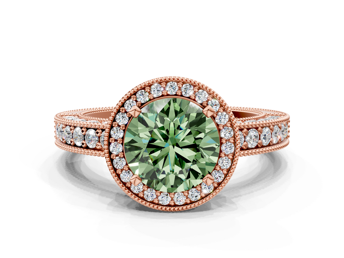 Rose gold Fancy Green Round  Cut Halo Diamond Pave Band Ring with Four-Prong Setting_45