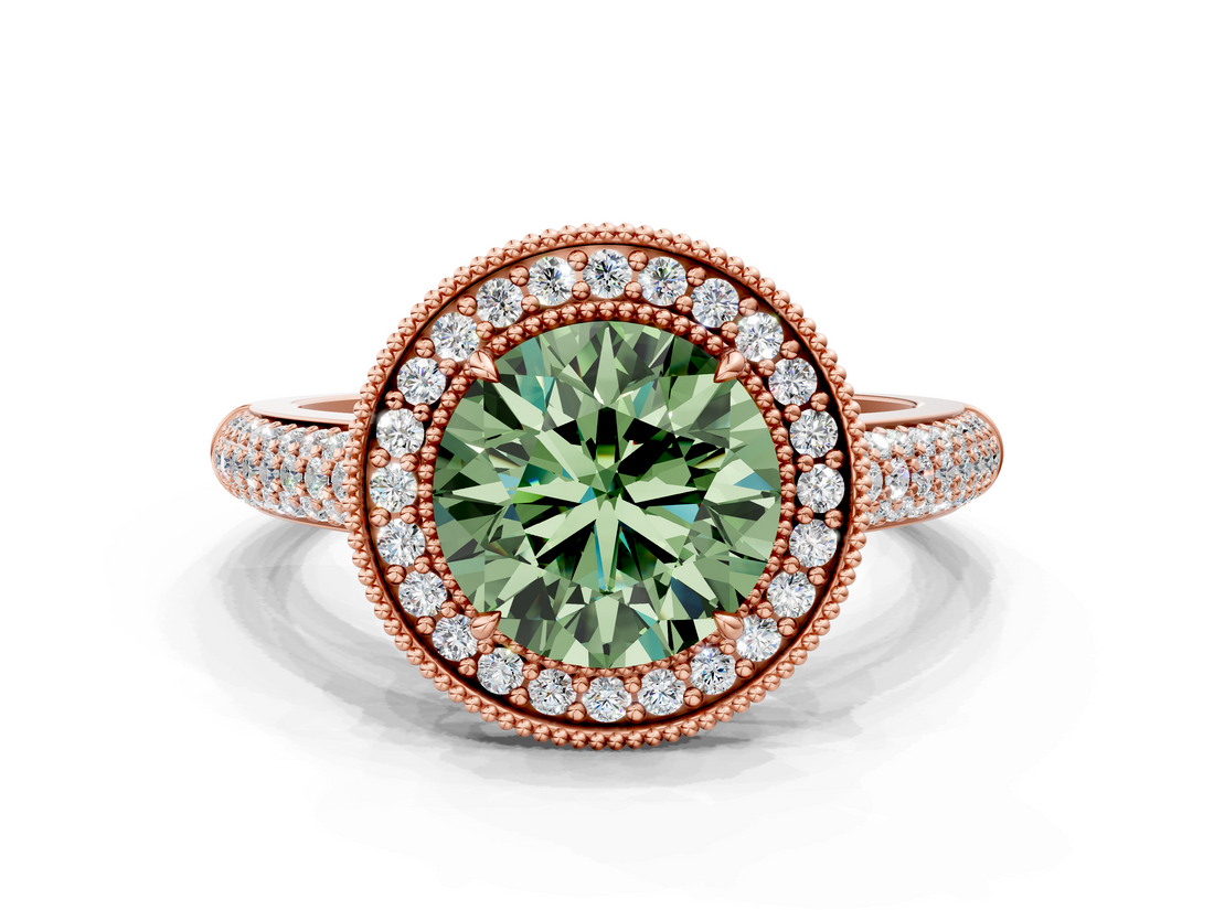 Rose gold Fancy Green Round  Cut Halo Diamond Pave Band with Four-Prong Setting_37