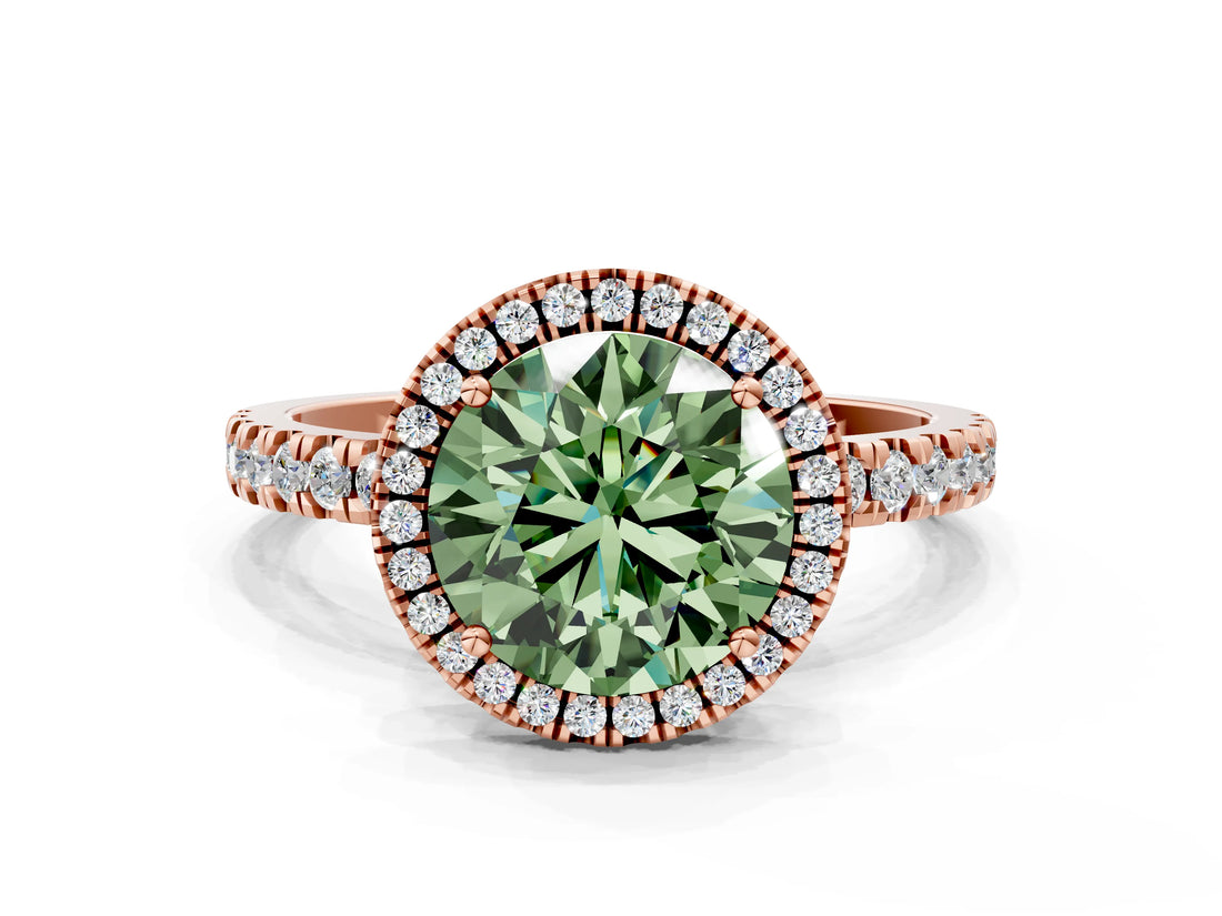 Rose gold Fancy Green Round Cut Halo Diamond Pave Band with Prong Setting