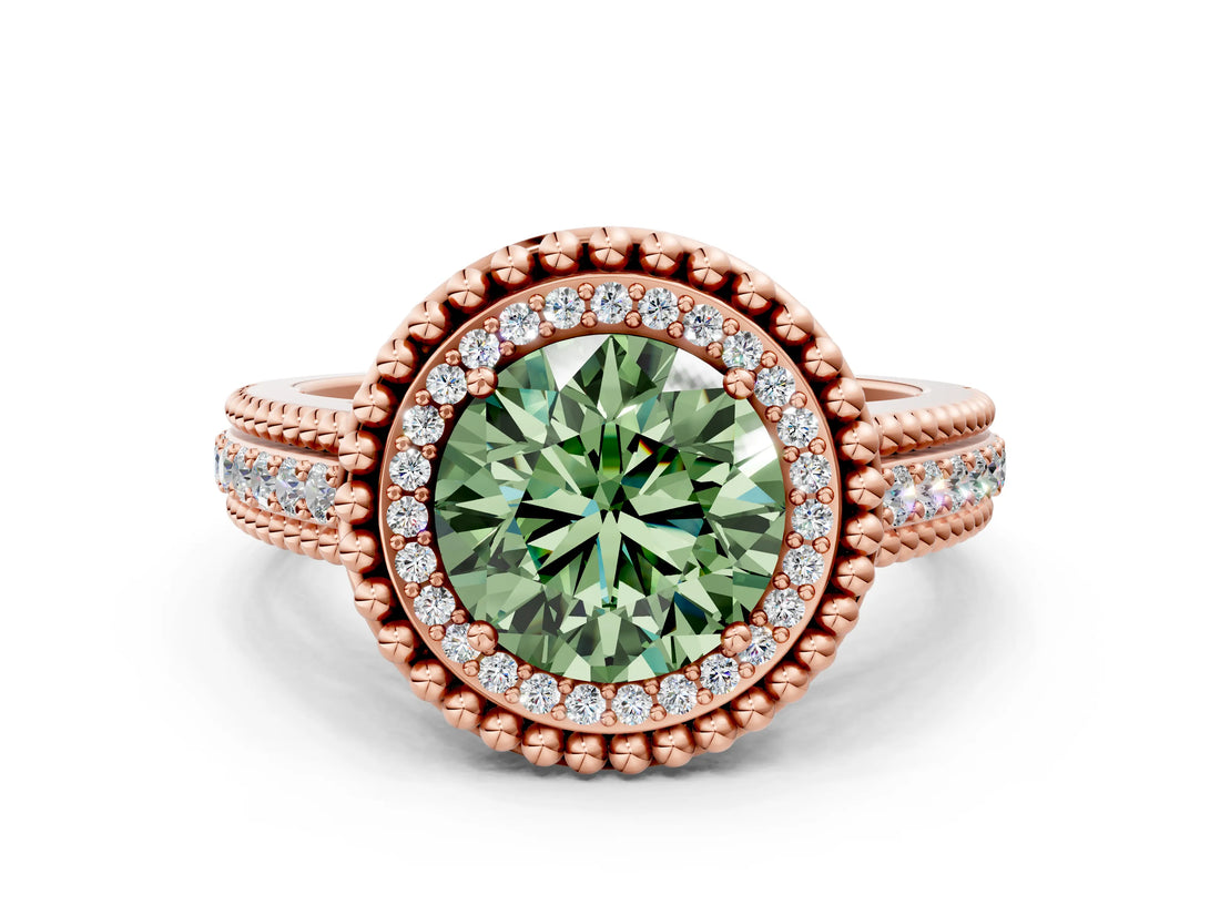Rose gold Fancy Green Round Cut Halo Diamond Ring with Beaded Split Shank and Four-Prong Setting