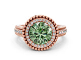 Rose gold Fancy Green Round Cut Halo Diamond Ring with Beaded Split Shank and Four-Prong Setting
