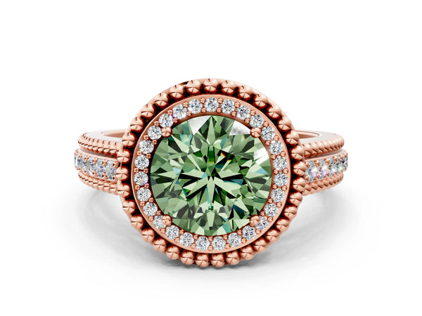 Rose Gold Round Beaded Halo Engagement Ring Setting for Fancy Green Center with Pave