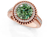 Rose gold Fancy Green Round Cut Halo Diamond Ring with Beaded Split Shank and Four-Prong Setting_1