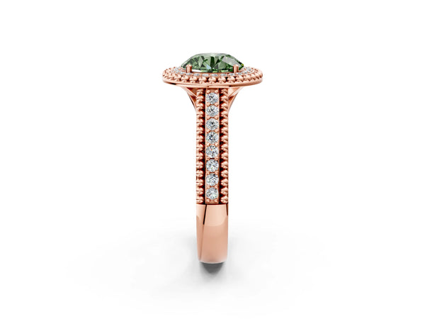 Rose Gold Round Beaded Halo Engagement Ring Setting for Fancy Green Center with Pave