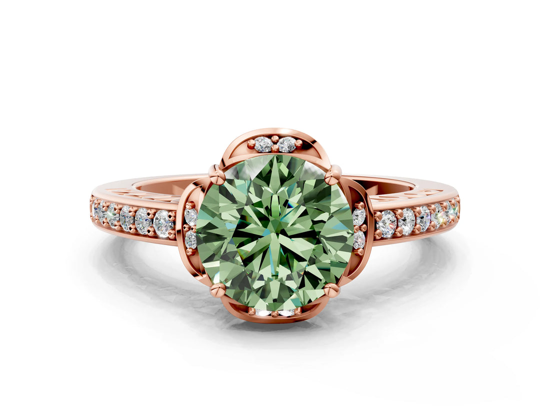 Rose gold Fancy Green Round  Cut Halo Diamond Ring with Channel Set Band and Four-Prong Setting_32