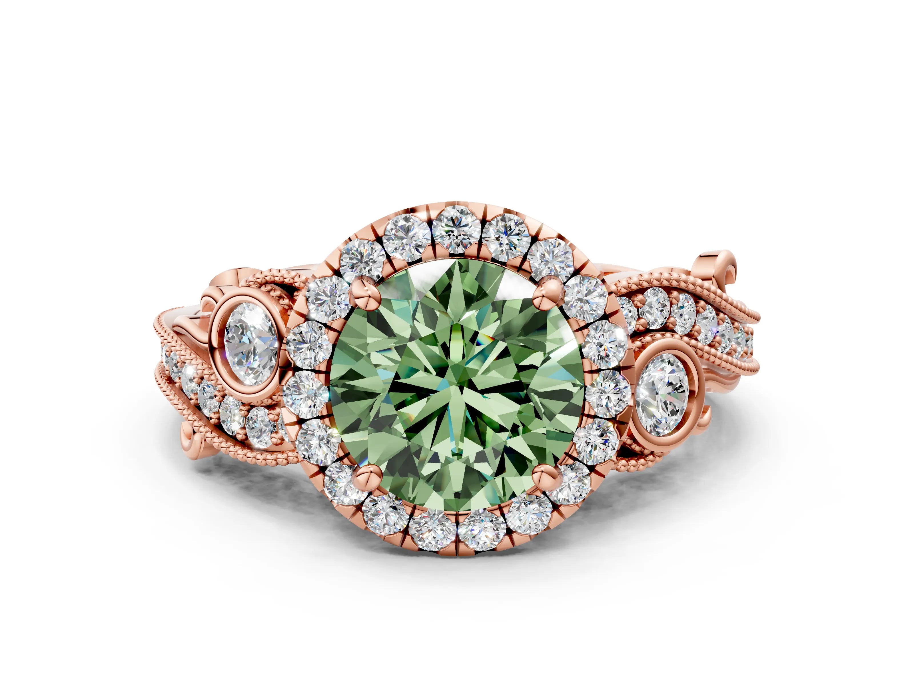 Rose gold Fancy Green Round Cut Halo Diamond Ring with Milgrain and Bezel Accents on a Split Shank Band