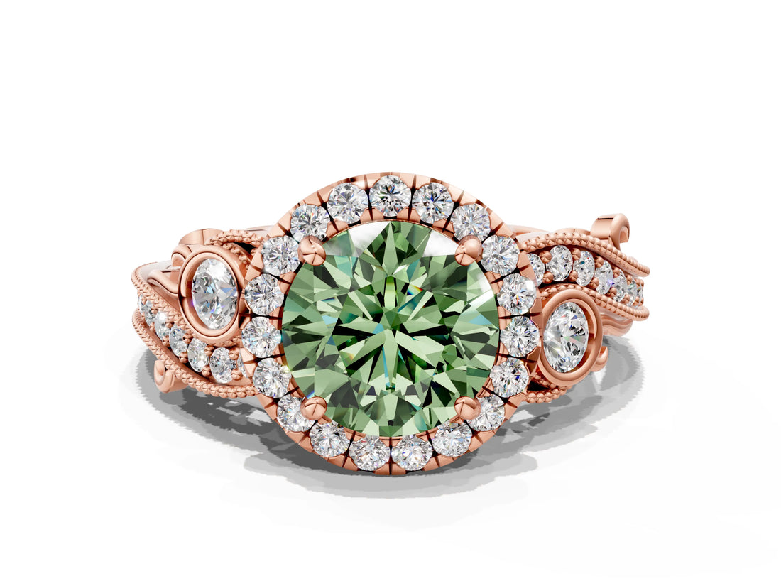 Rose gold Fancy Green Round Cut Halo Diamond Ring with Milgrain and Bezel Accents on a Split Shank Band_12