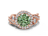 Rose gold Fancy Green Round Cut Halo Diamond Ring with Milgrain and Bezel Accents on a Split Shank Band_12
