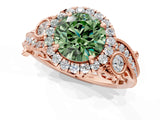 Rose gold Fancy Green Round Cut Halo Diamond Ring with Milgrain and Bezel Accents on a Split Shank Band_13