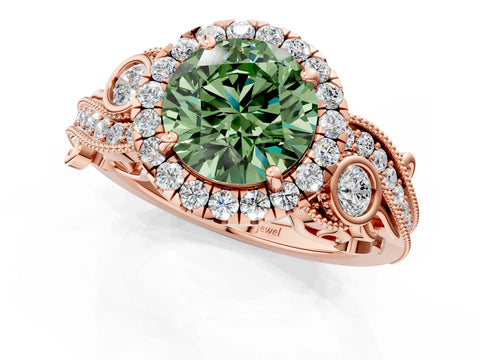 Rose gold Fancy Green Round Cut Halo Diamond Ring with Milgrain and Bezel Accents on a Split Shank Band_1