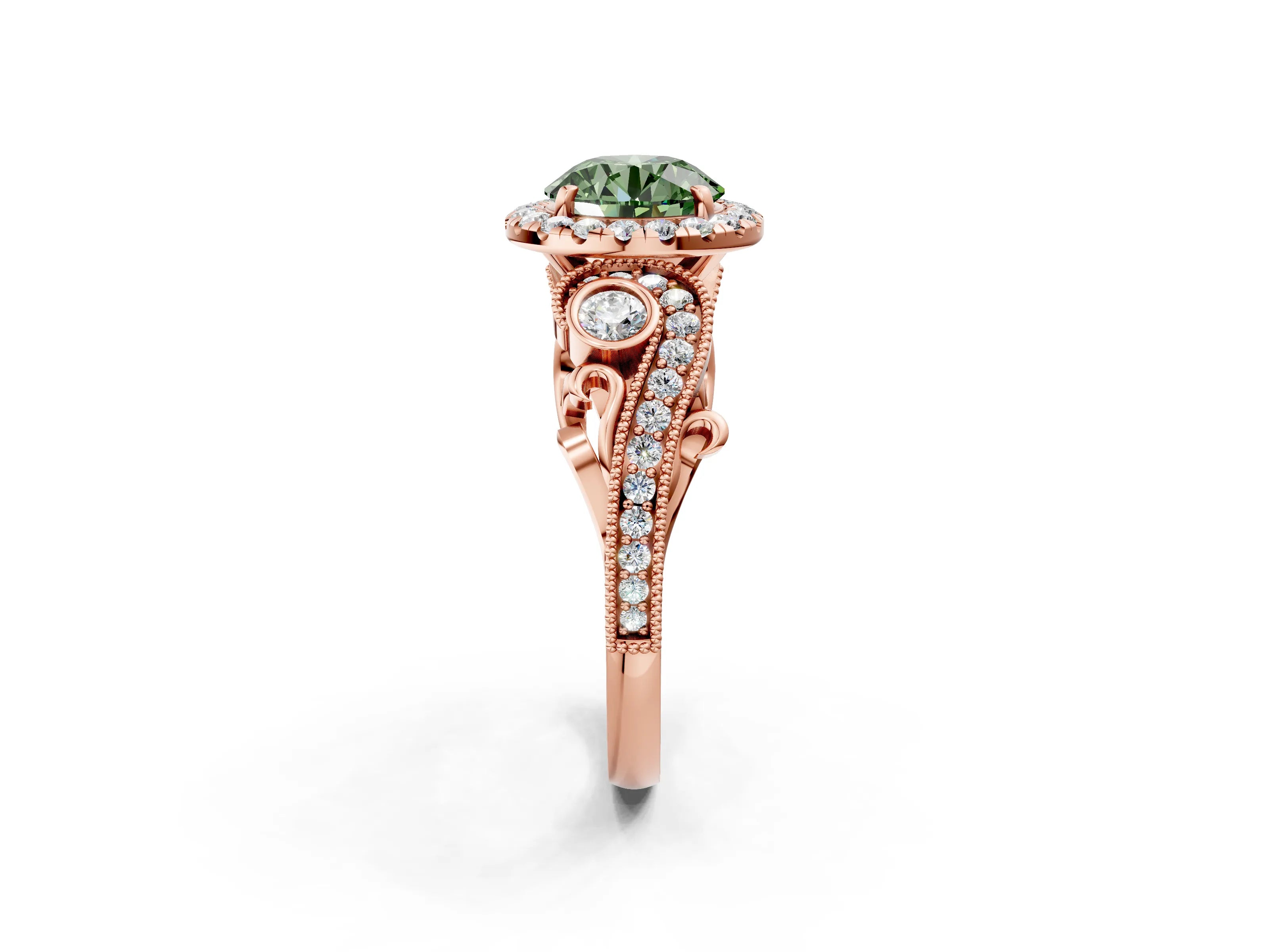 Rose gold Fancy Green Round Cut Halo Diamond Ring with Milgrain and Bezel Accents on a Split Shank Band_2