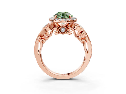 Rose gold Fancy Green Round Cut Halo Diamond Ring with Milgrain and Bezel Accents on a Split Shank Band_3