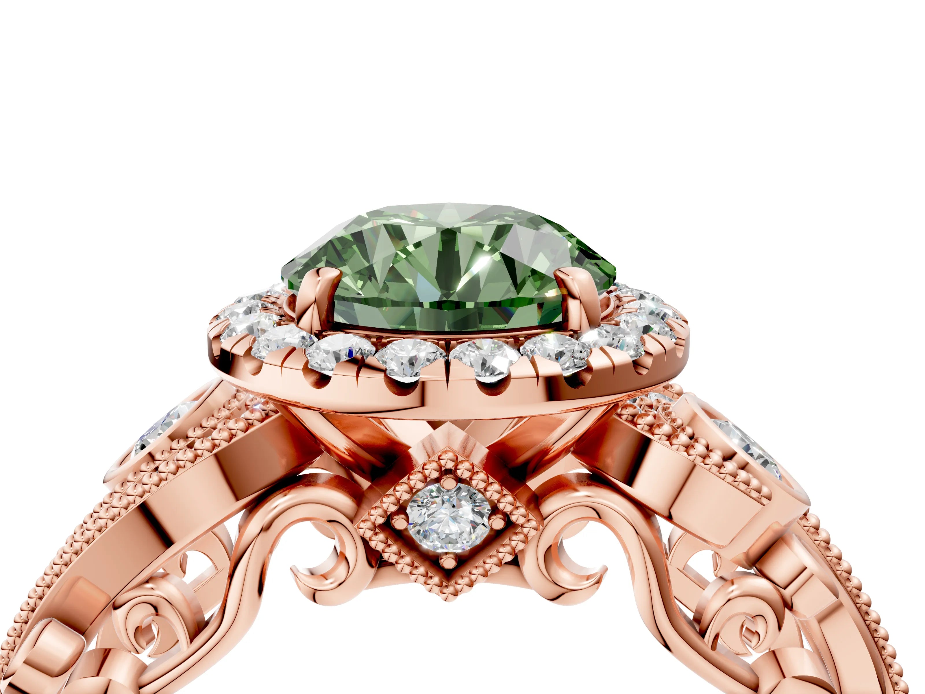 Rose gold Fancy Green Round Cut Halo Diamond Ring with Milgrain and Bezel Accents on a Split Shank Band_4