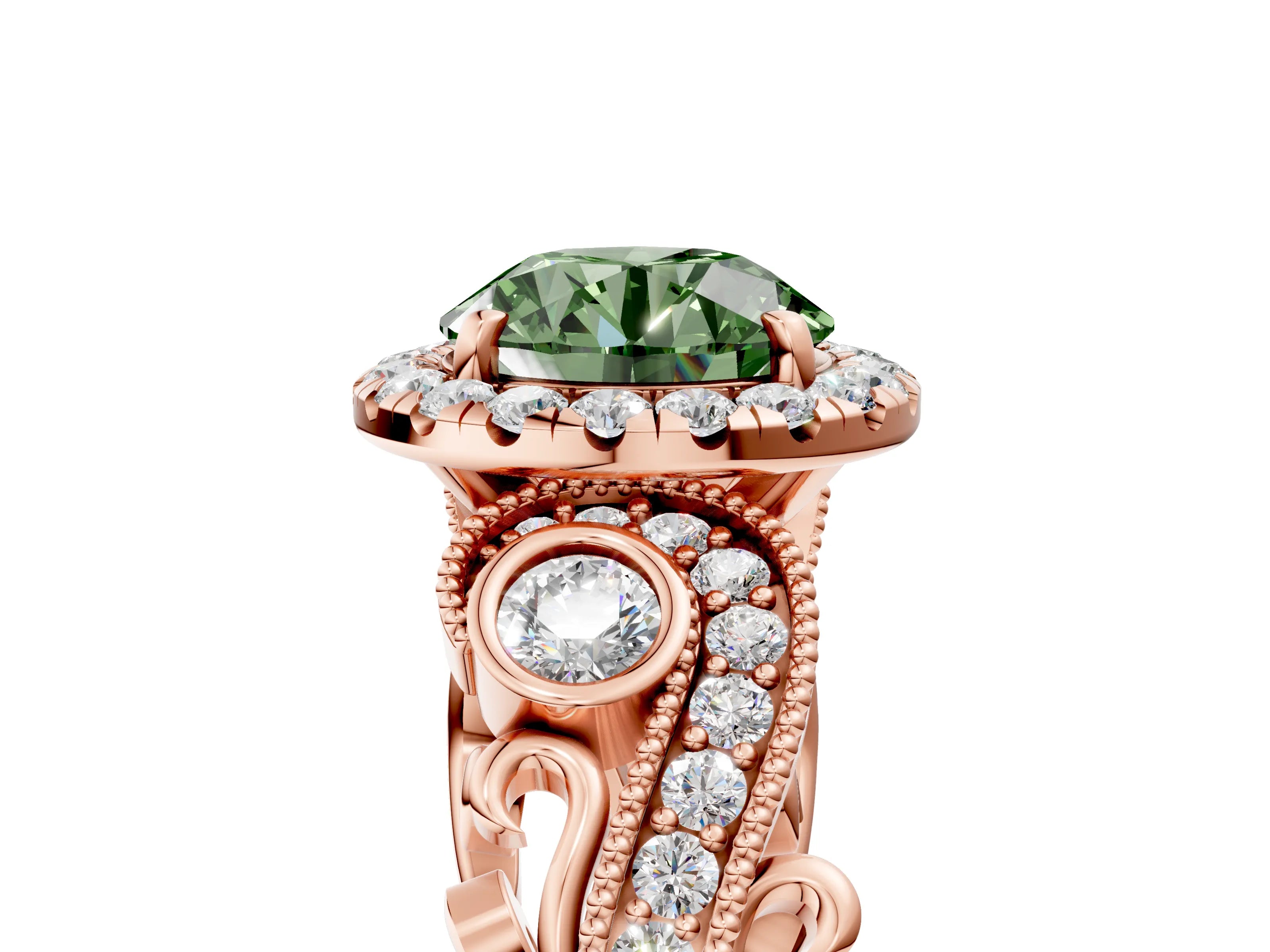 Rose gold Fancy Green Round Cut Halo Diamond Ring with Milgrain and Bezel Accents on a Split Shank Band_5