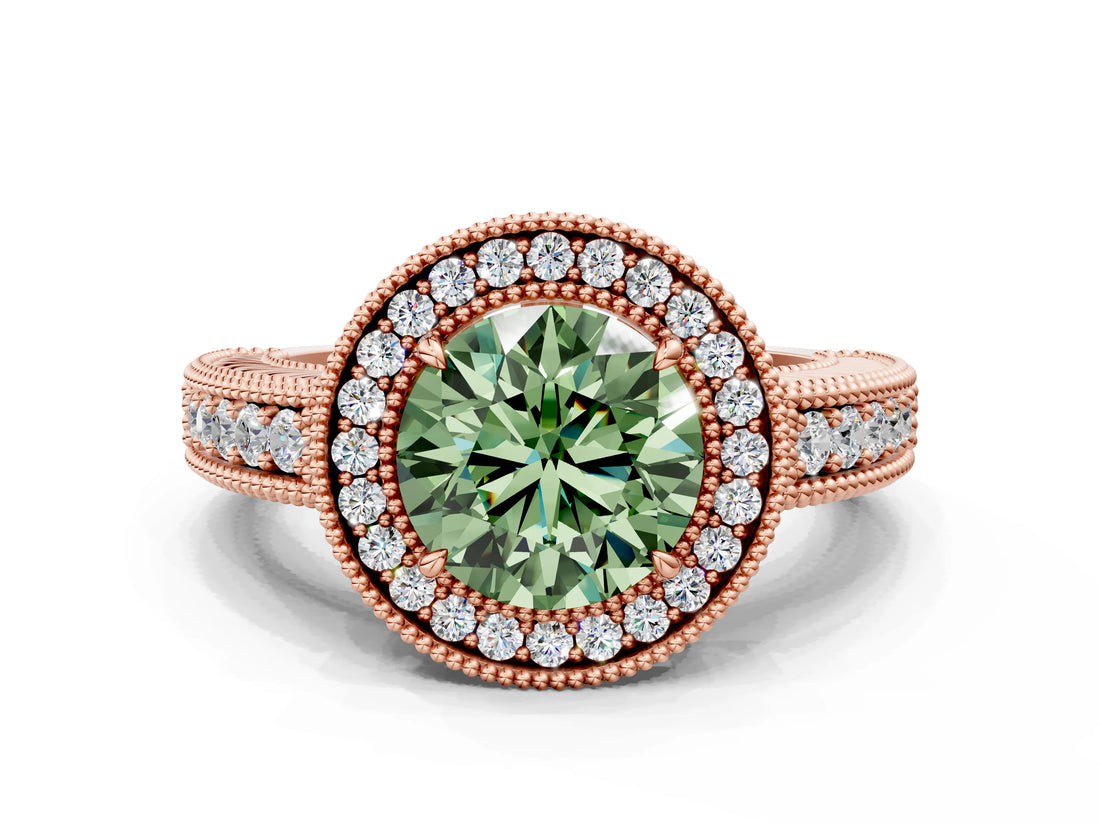 Rose gold Fancy Green Round  Cut Halo Diamond Ring with Pavé Band and Four-Prong Setting_118