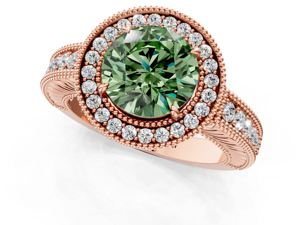 Rose gold Fancy Green Round  Cut Halo Diamond Ring with Pavé Band and Four-Prong Setting